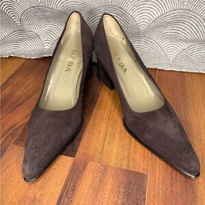 Prada Brown Suede Pointed Block Heel Pumps